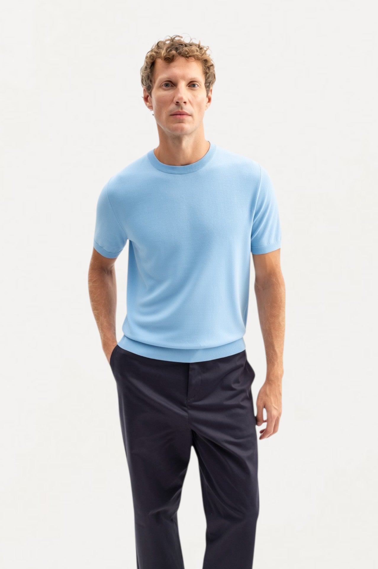 CREW NECK BLUE KNITTED T-SHIRT