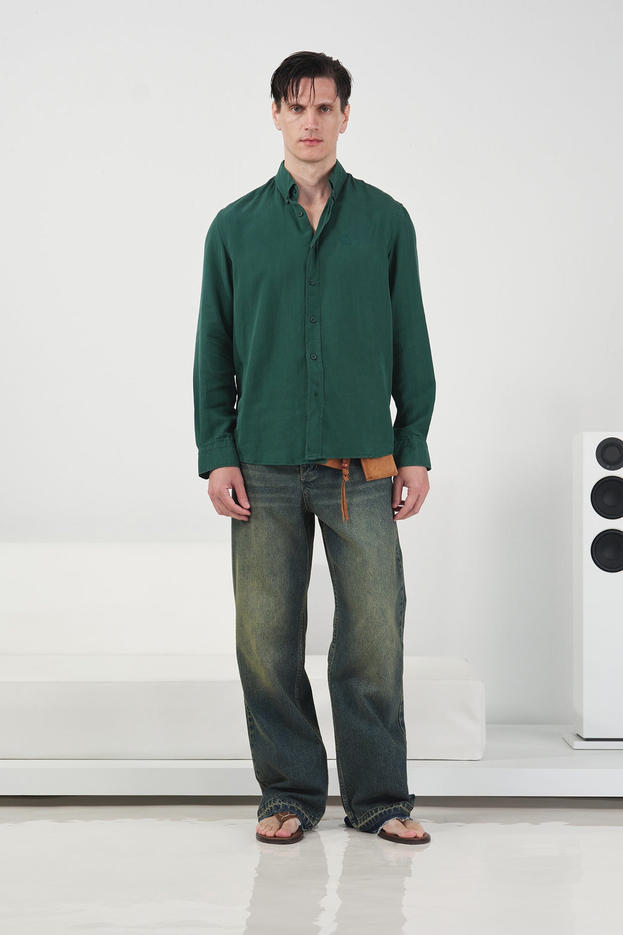 DRAPED REGULAR FIT EMERALD GREEN TENCEL SHIRT