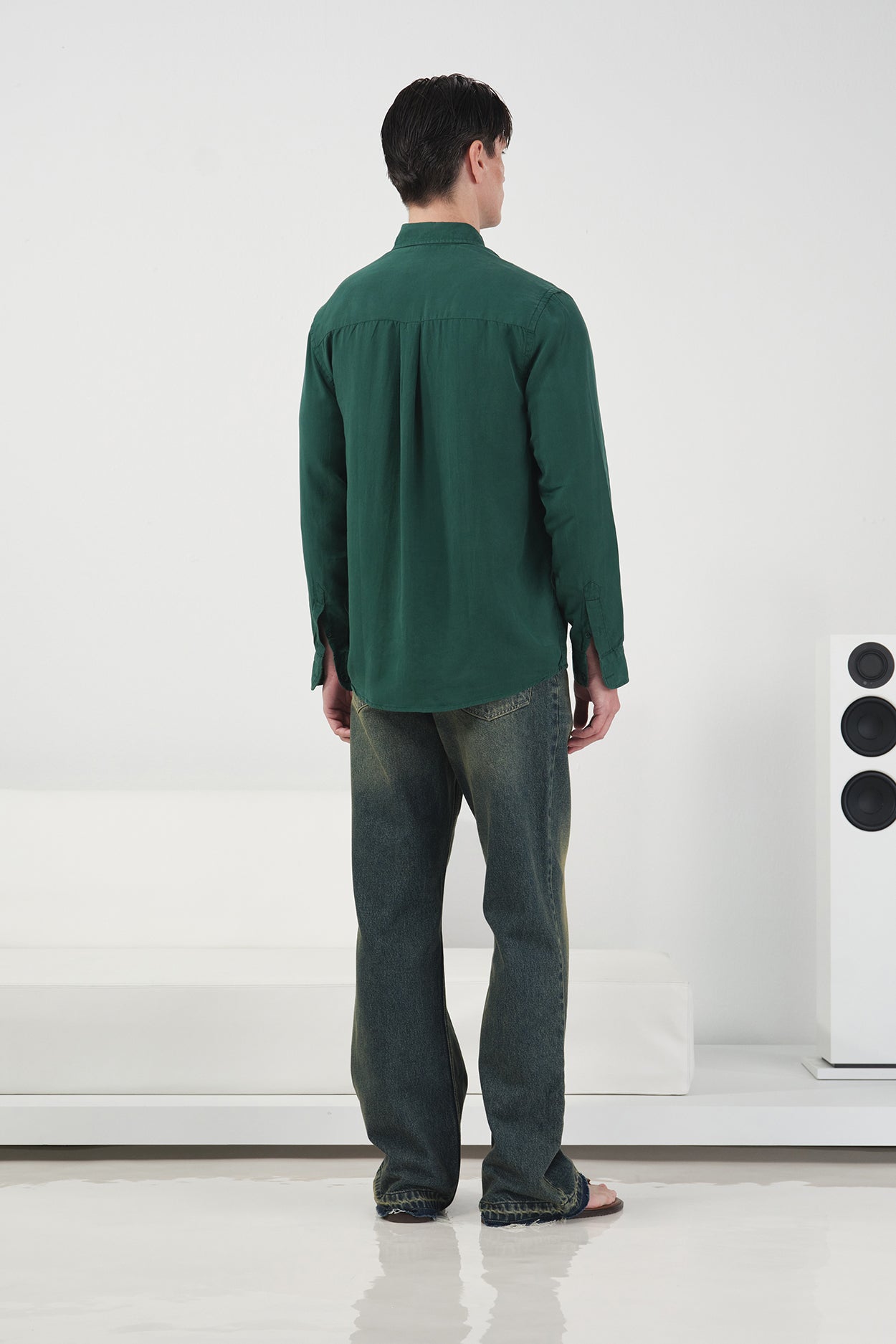 DRAPED REGULAR FIT EMERALD GREEN TENCEL SHIRT