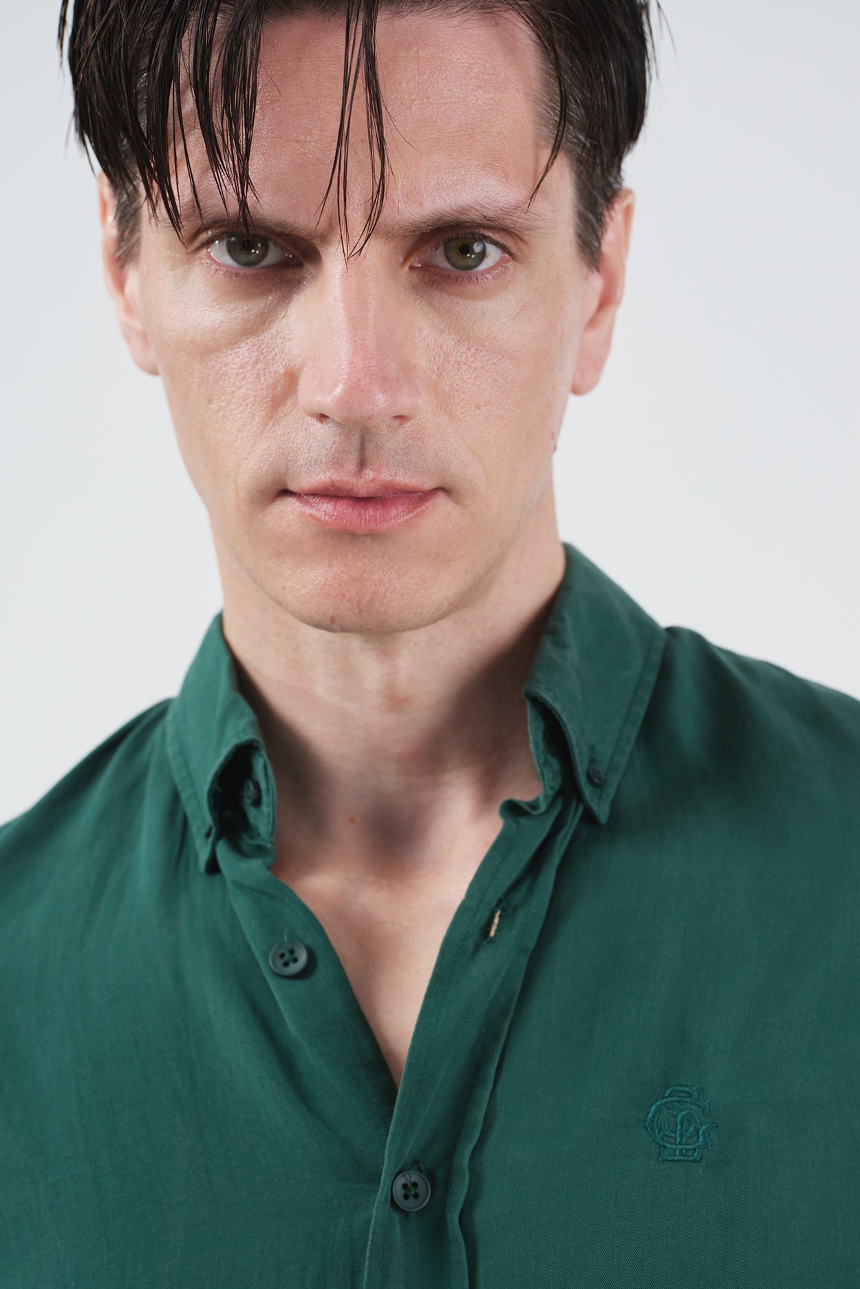 DRAPED REGULAR FIT EMERALD GREEN TENCEL SHIRT
