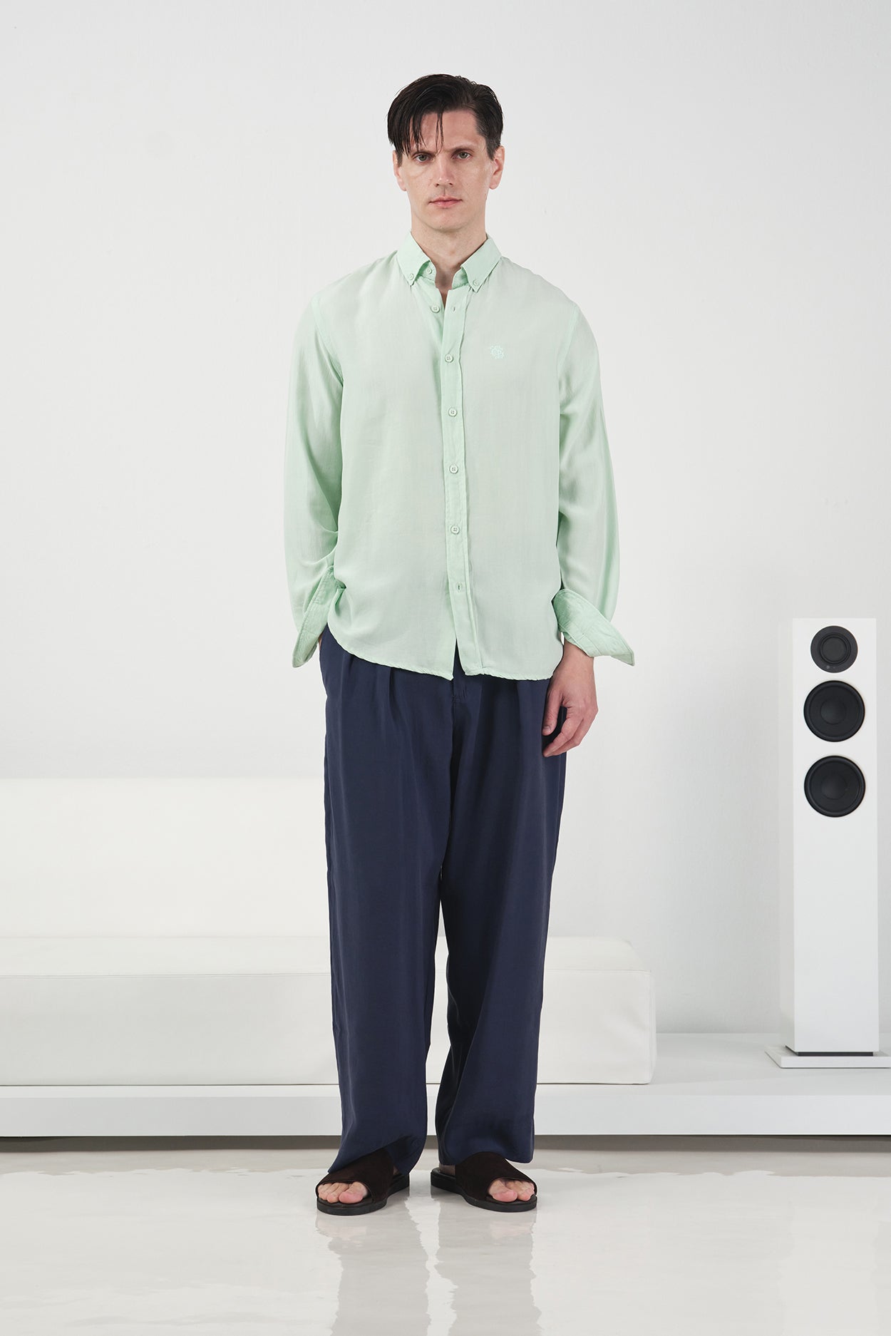 DRAPED REGULAR FIT MINT TENCEL SHIRT