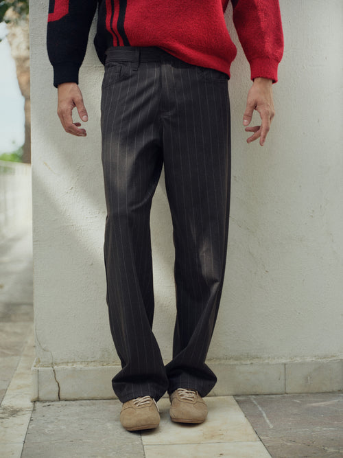 CLASSIC STRIPED REGULAR FIT BROWN TROUSERS - 1