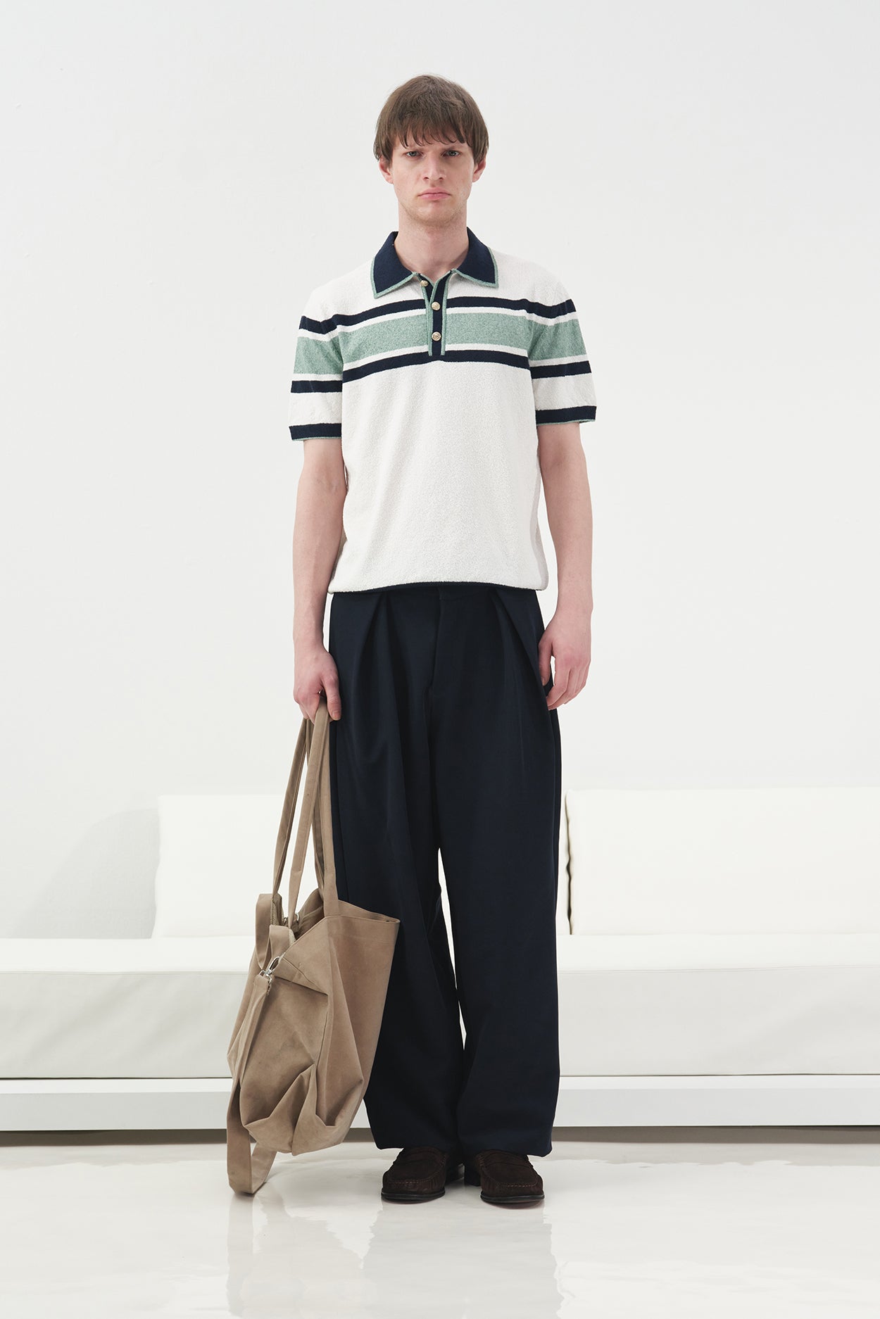 GREEN STRIPED POLO NECK KNITTED T-SHIRT WITH GOLD BUTTONS