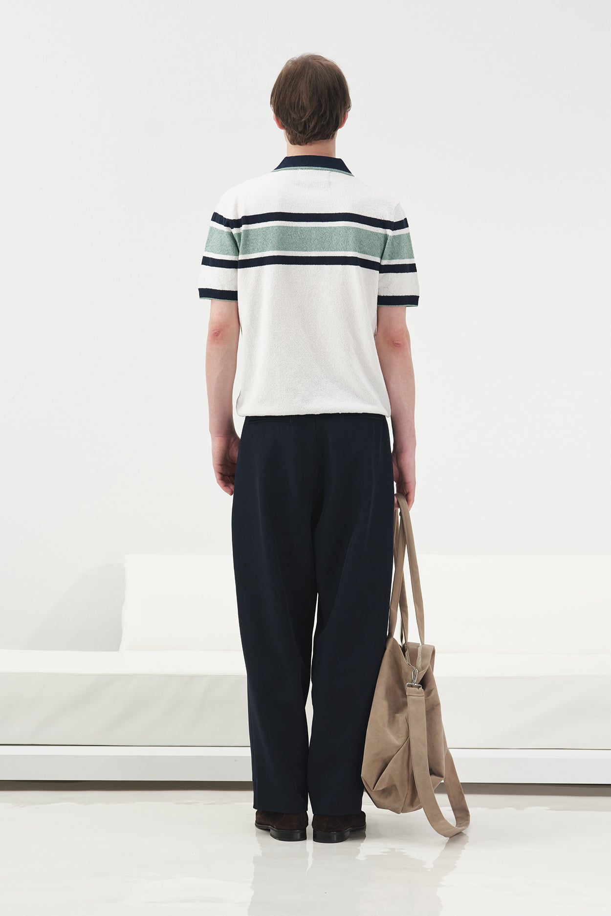 GREEN STRIPED POLO NECK KNITTED T-SHIRT WITH GOLD BUTTONS