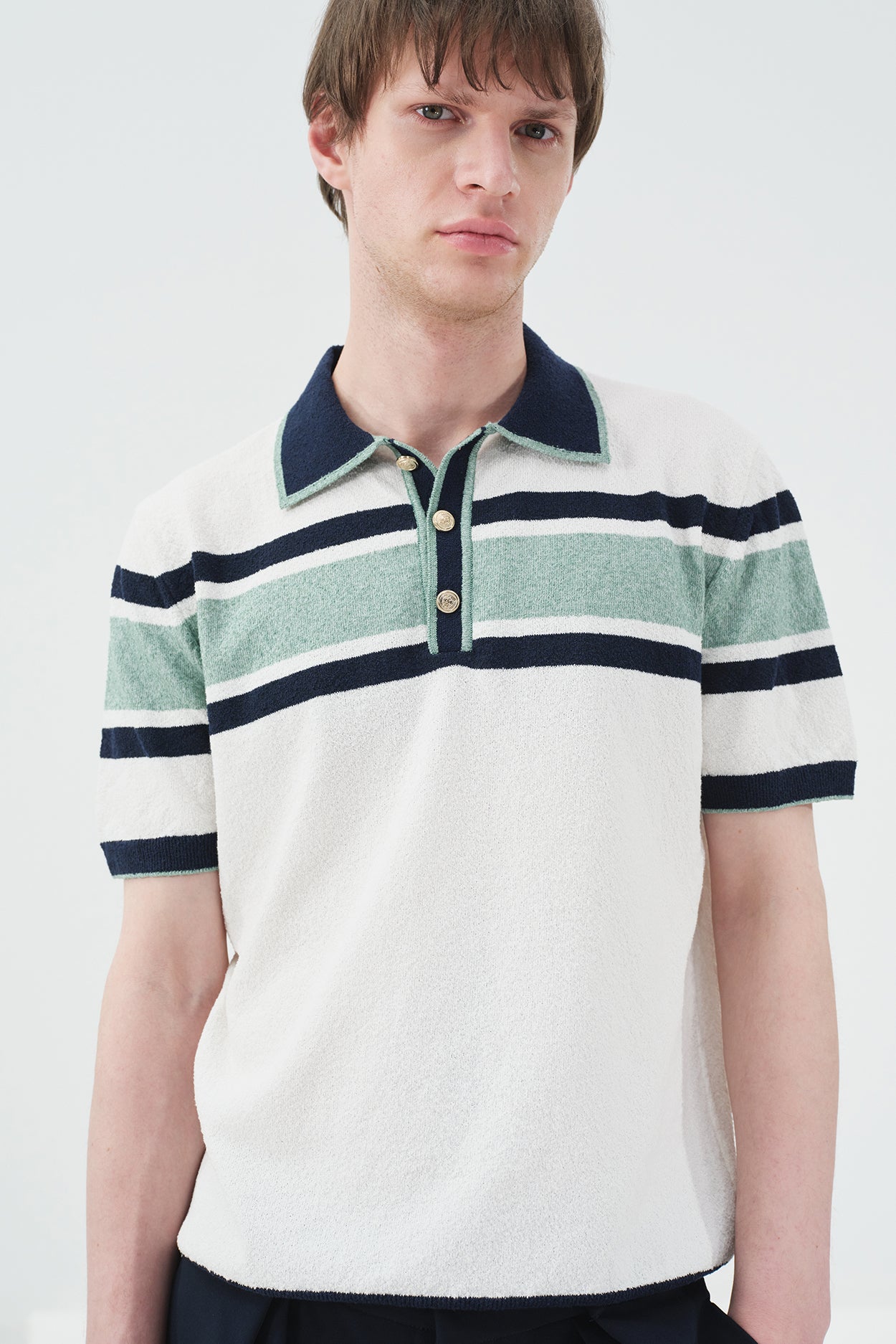 GREEN STRIPED POLO NECK KNITTED T-SHIRT WITH GOLD BUTTONS