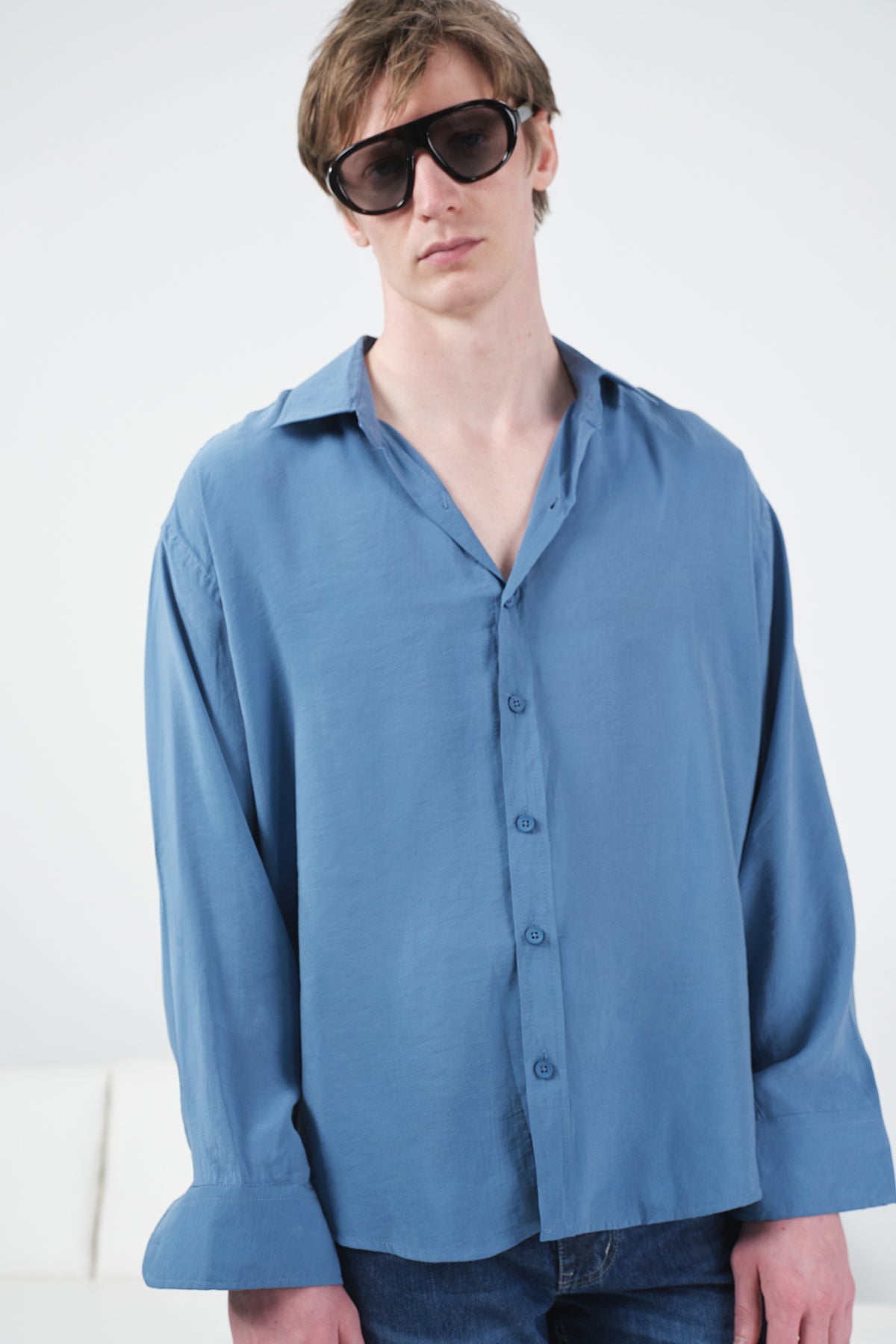 OVERSIZE DÖKÜMLÜ INDIGO MODAL GÖMLEK