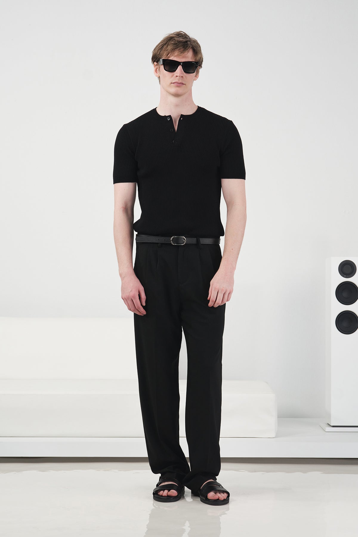 SLIM-FIT BUTTONED THIN-RIB BLACK KNITTED T-SHIRT