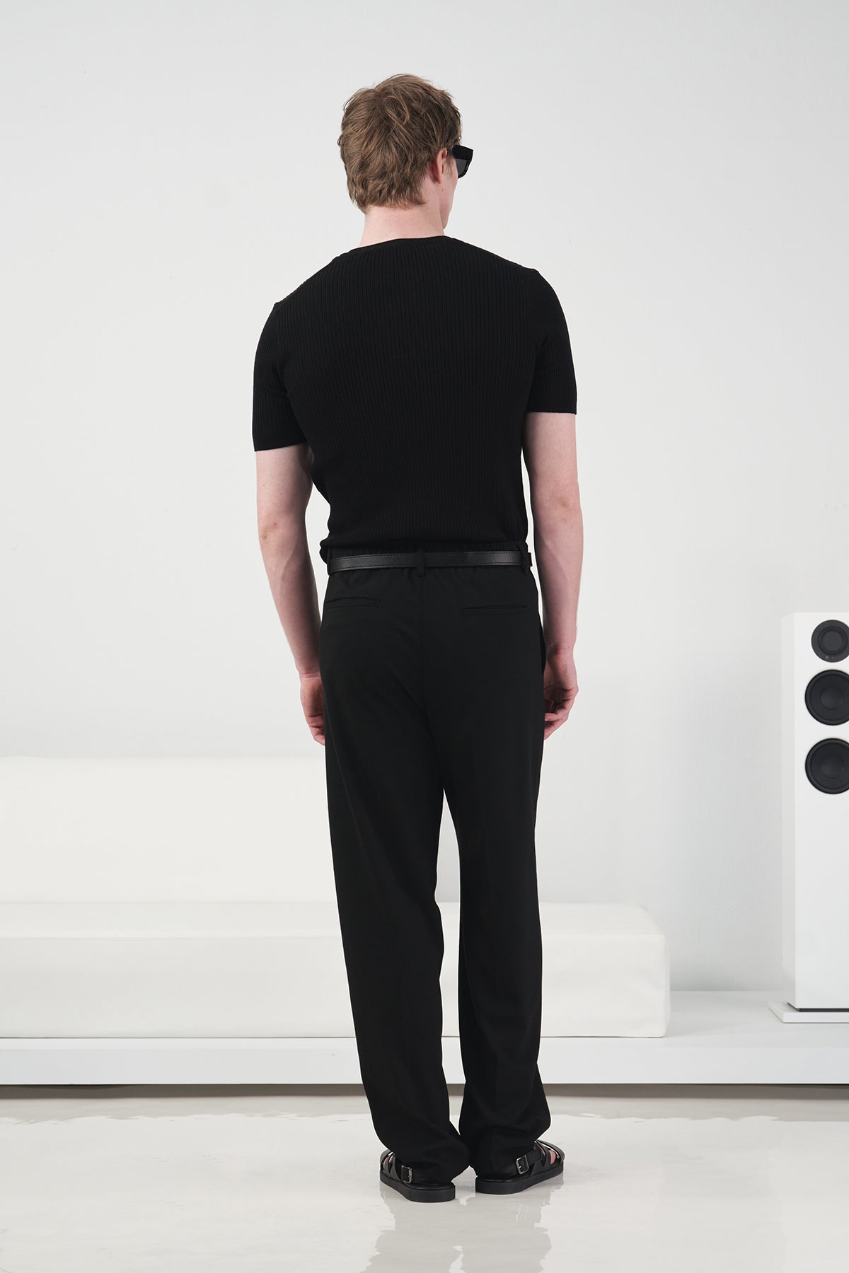 SLIM-FIT BUTTONED THIN-RIB BLACK KNITTED T-SHIRT