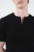 SLIM-FIT BUTTONED THIN-RIB BLACK KNITTED T-SHIRT