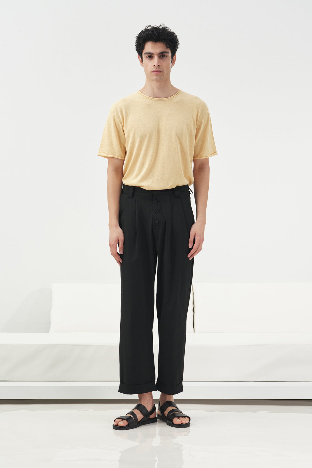 DRAPED YELLOW LINEN KNIT T-SHIRT