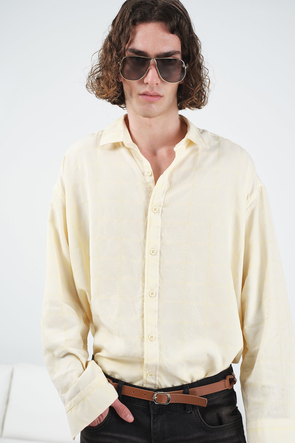 PLAID DRAPED MODAL YELLOW SHIRT