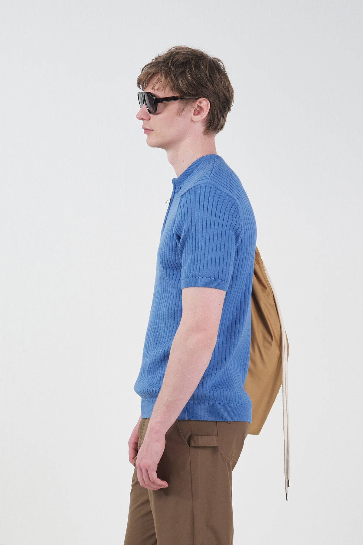 SLIM FIT ZIP-UP BLUE KNITTED T-SHIRT