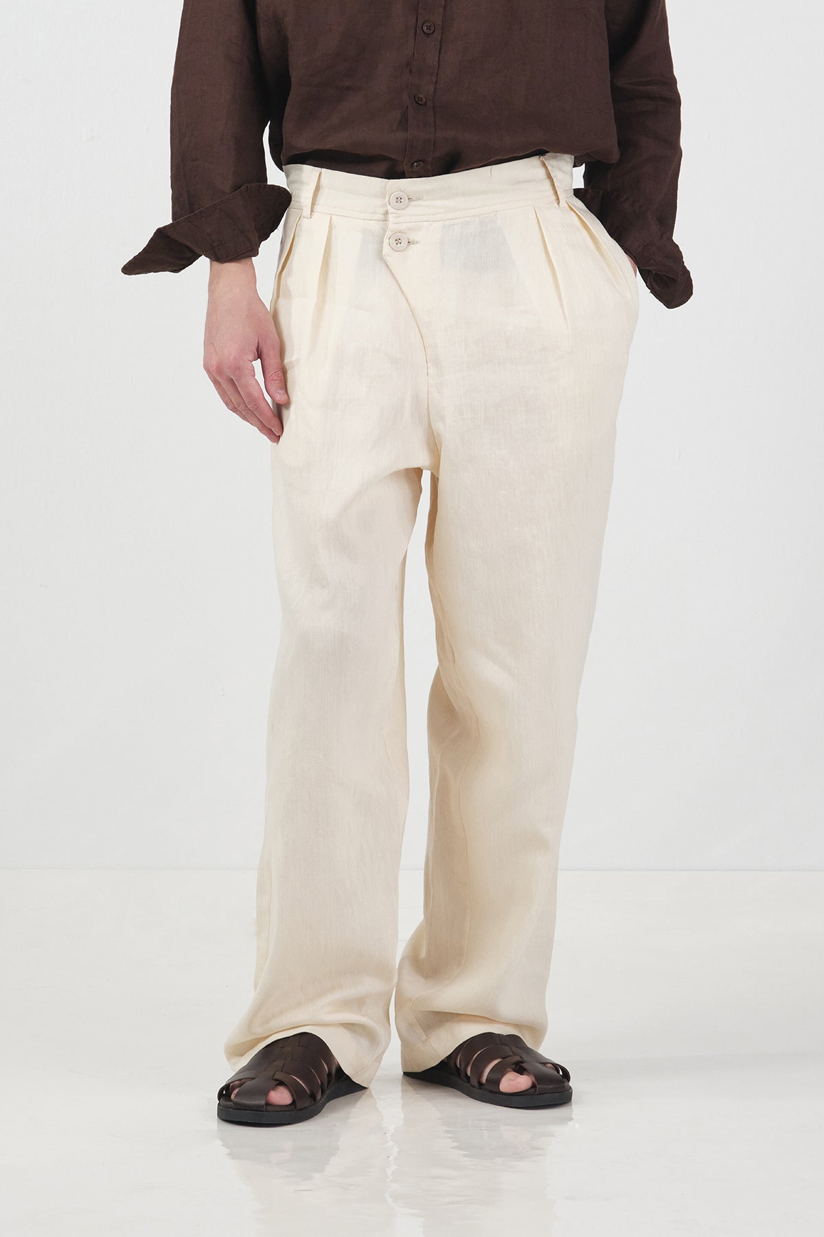 DRAPED DOUBLE-BUTTON BEIGE LINEN TROUSERS