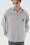 EMBROIDERED AND POCKET DETAIL STRIPED NAVY BLUE LINEN SHIRT