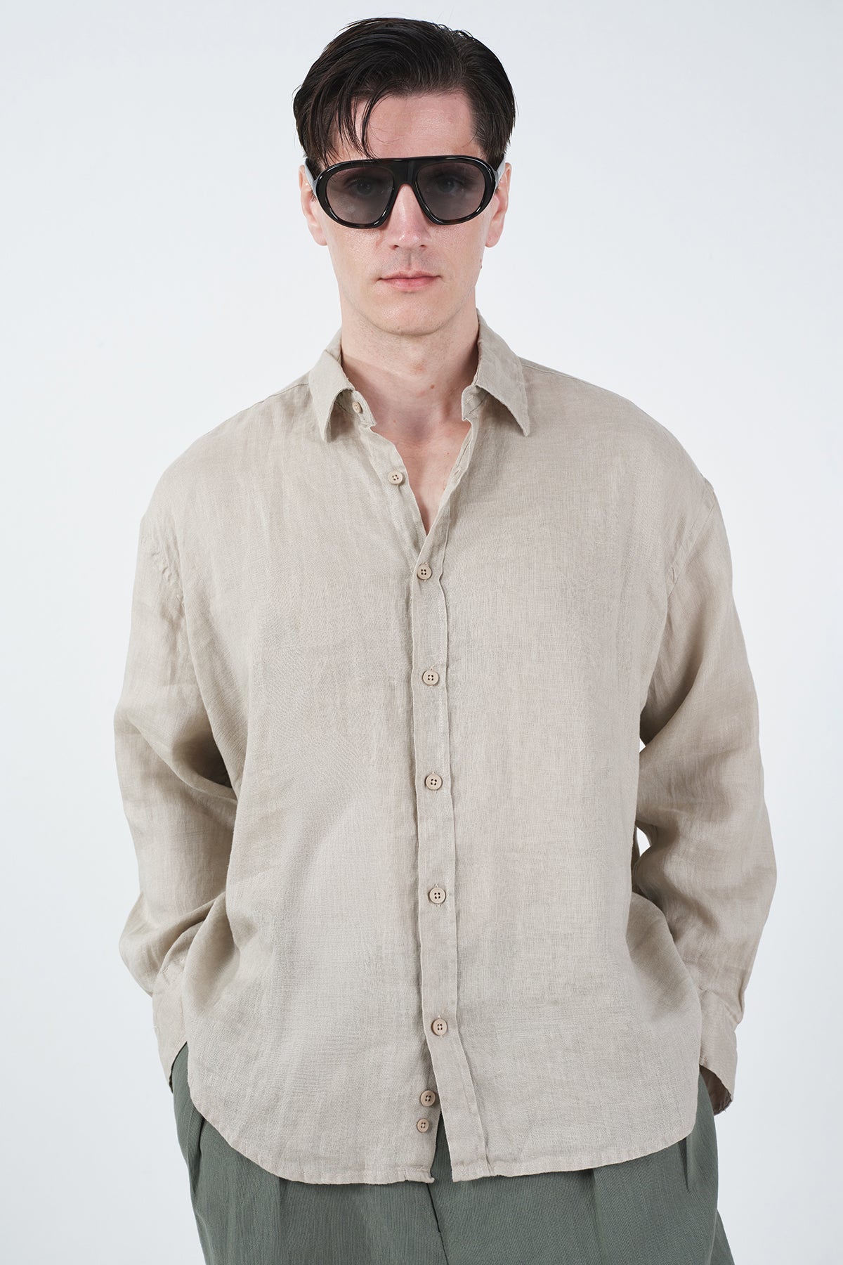 %100 KETEN OVERSIZE BEJ GÖMLEK