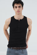 BLACK SLEEVELESS T-SHIRT WITH HALF PLACKET