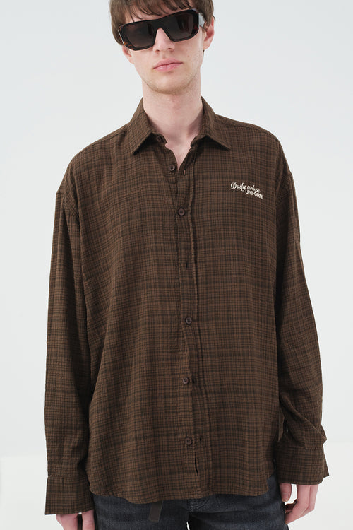 DRAPED RELAXED FIT BROWN PLAID SHIRT - 3