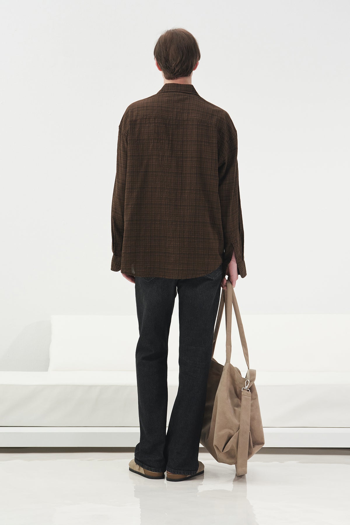 DRAPED RELAXED FIT BROWN PLAID SHIRT - 5