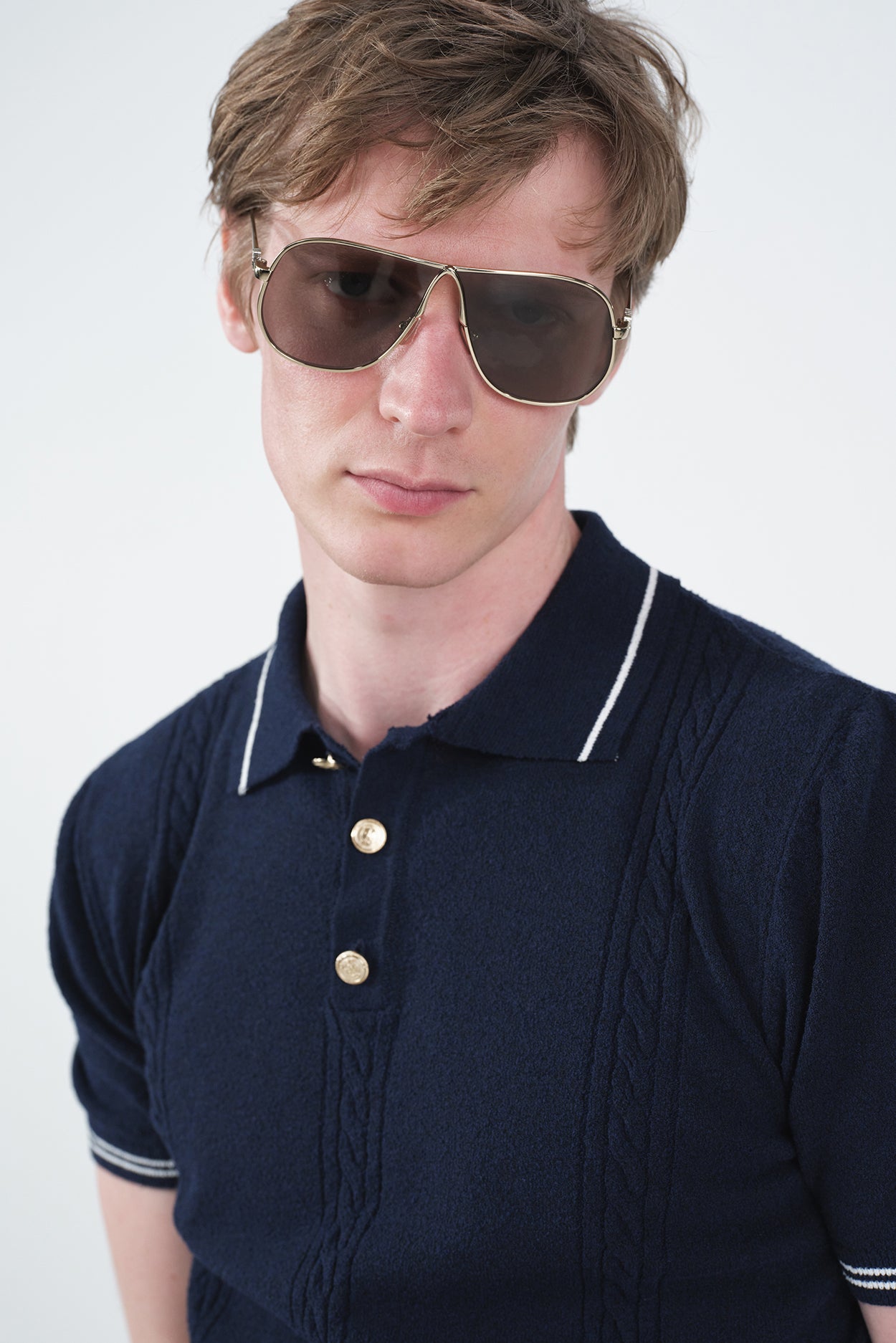 GOLD DÜĞMELİ DOKULU POLO YAKA LACİVERT TRİKO T-SHIRT