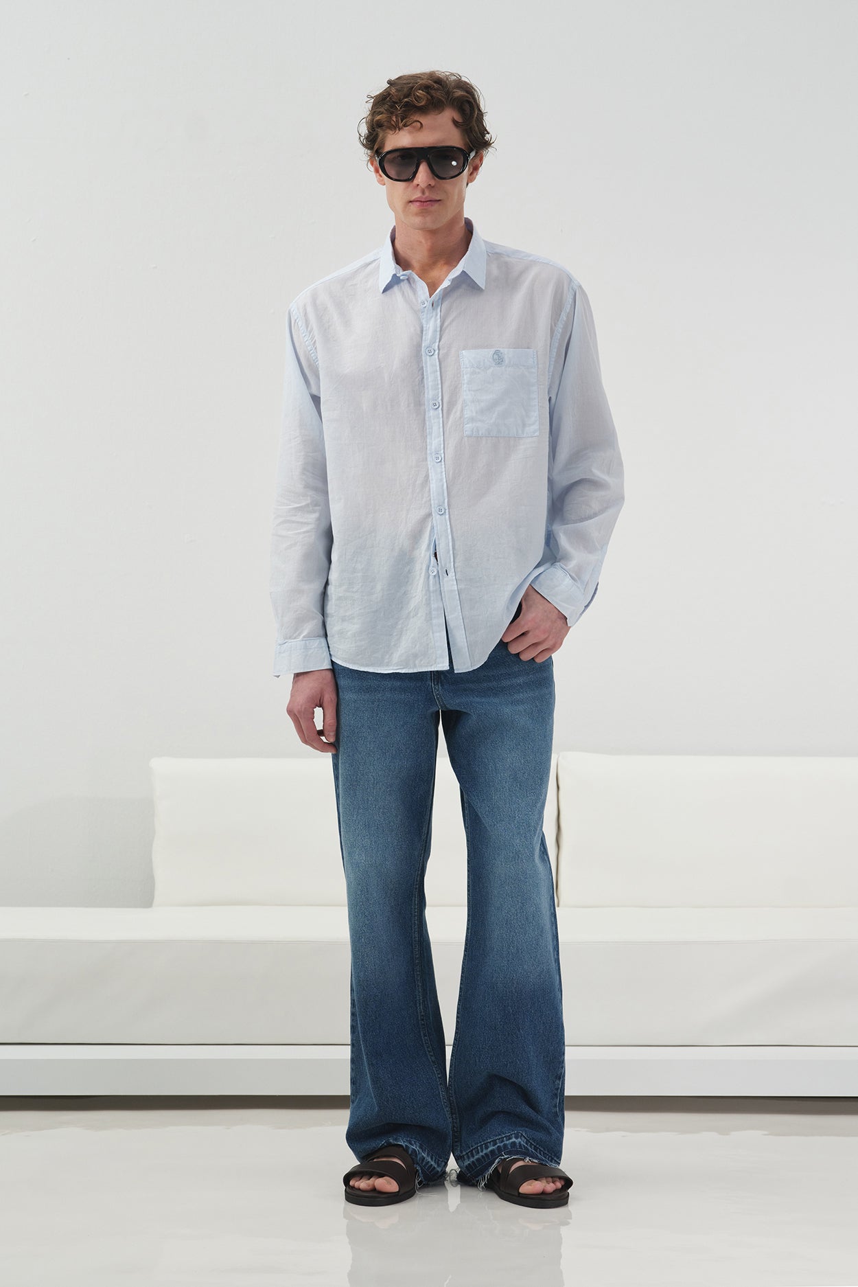 DRAPED REGULAR FIT BLUE VOILE SHIRT