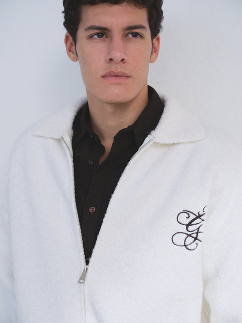 ZIP-UP EMBROIDERED ECRU KNIT CARDIGAN - 3