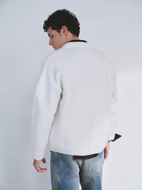 ZIP-UP EMBROIDERED ECRU KNIT CARDIGAN - 2