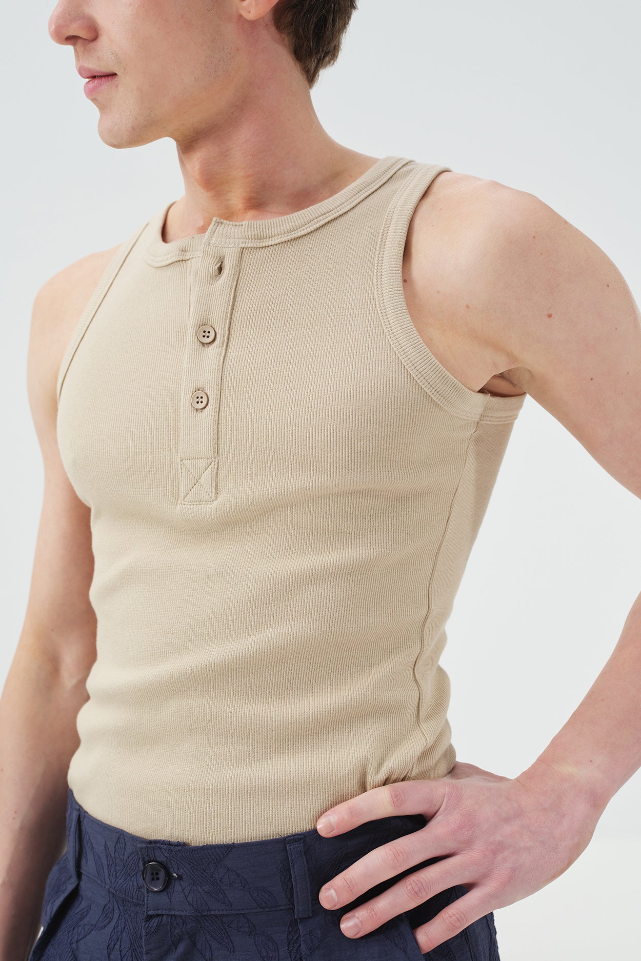 BEIGE ATHLETIC T-SHIRT WITH HALF PLACKET