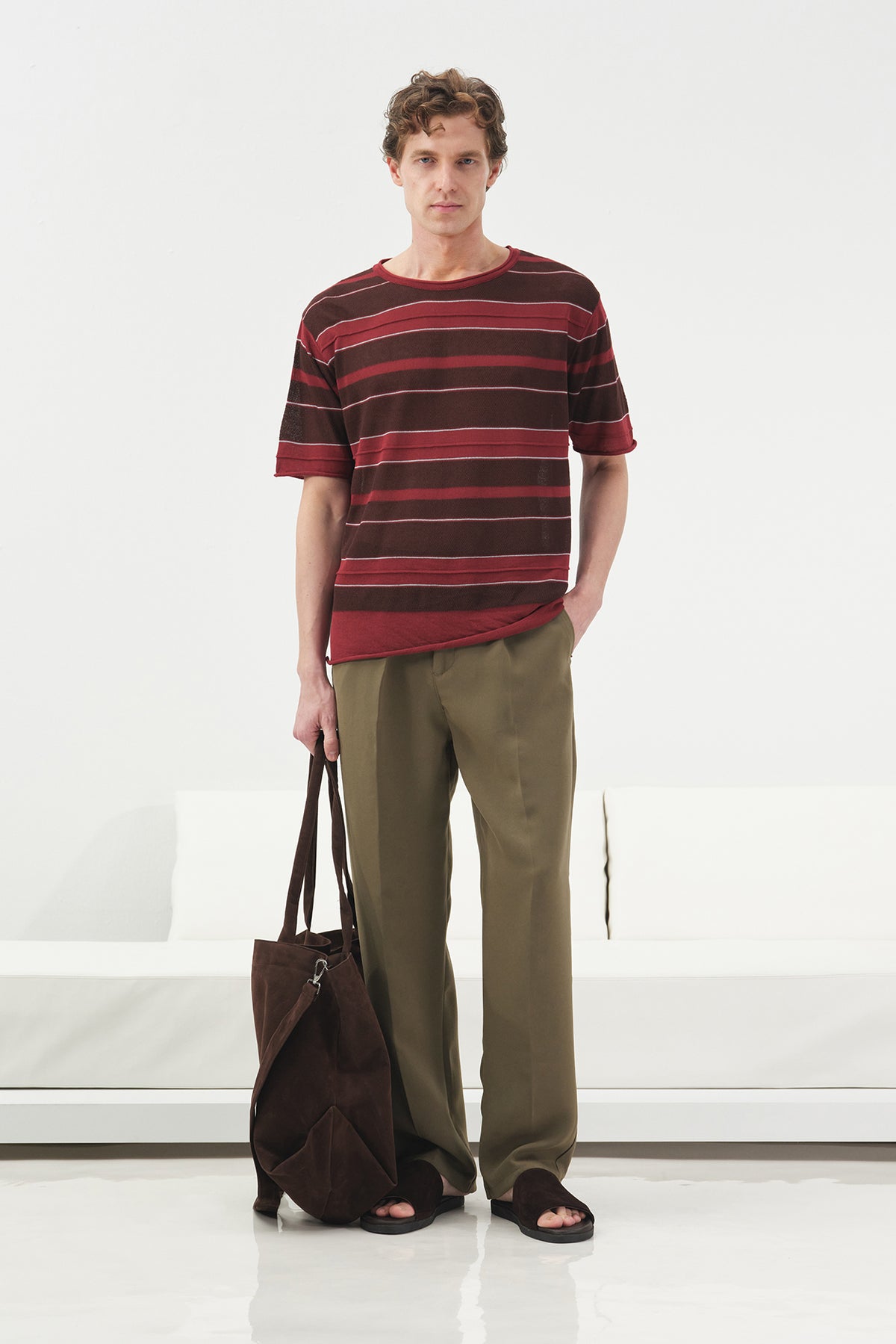 ÇİZGİLİ DÖKÜMLÜ BORDO KETEN TRİKO T-SHIRT