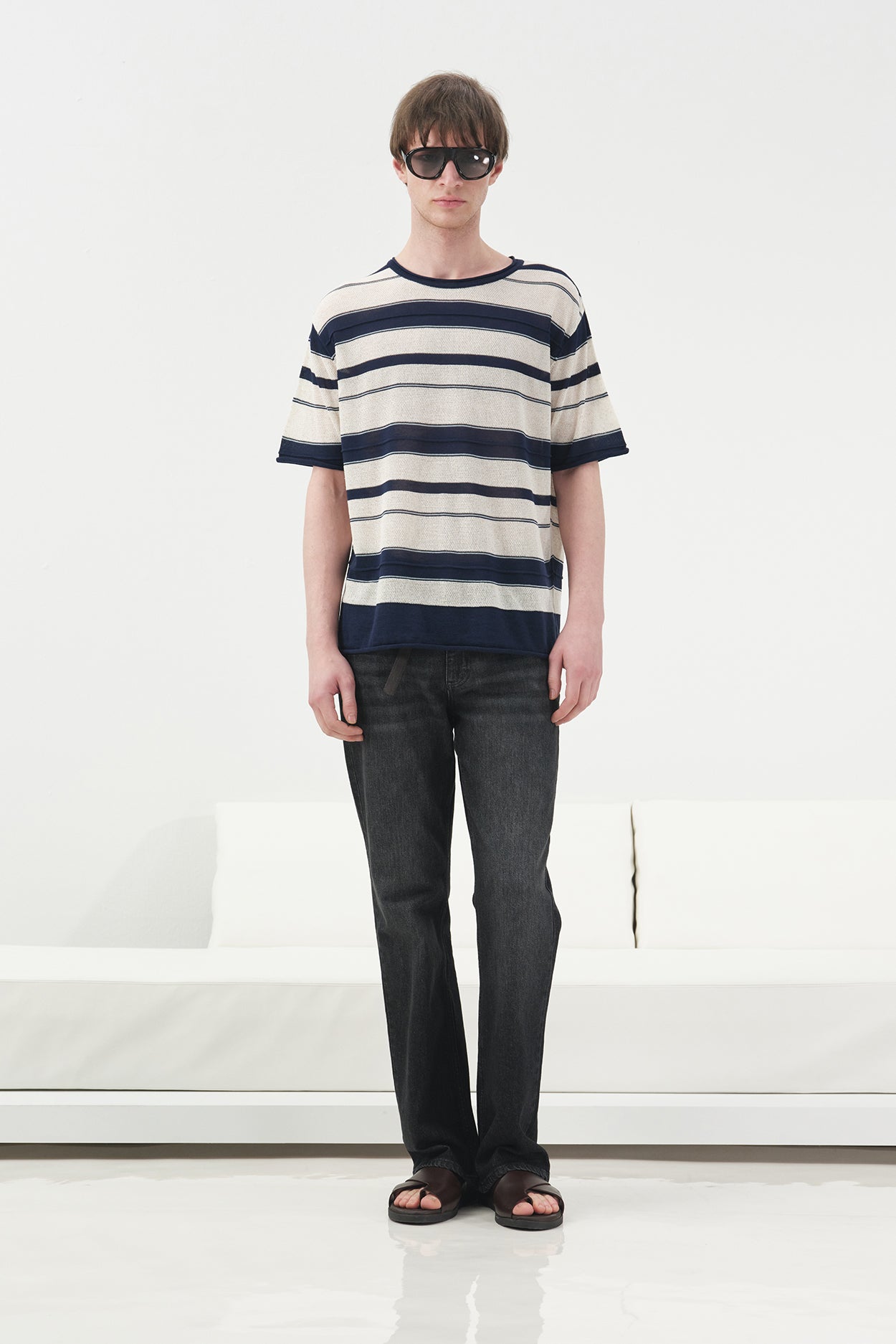 ÇİZGİLİ DÖKÜMLÜ LACİVERT KETEN TRİKO T-SHIRT