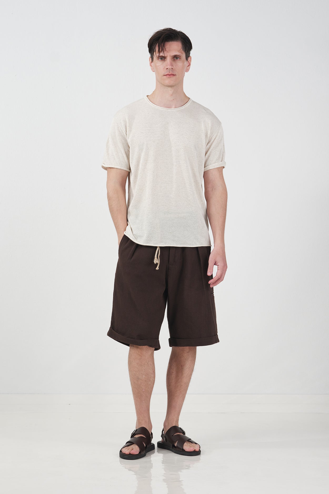 DRAPED ECRU LINEN KNIT T-SHIRT