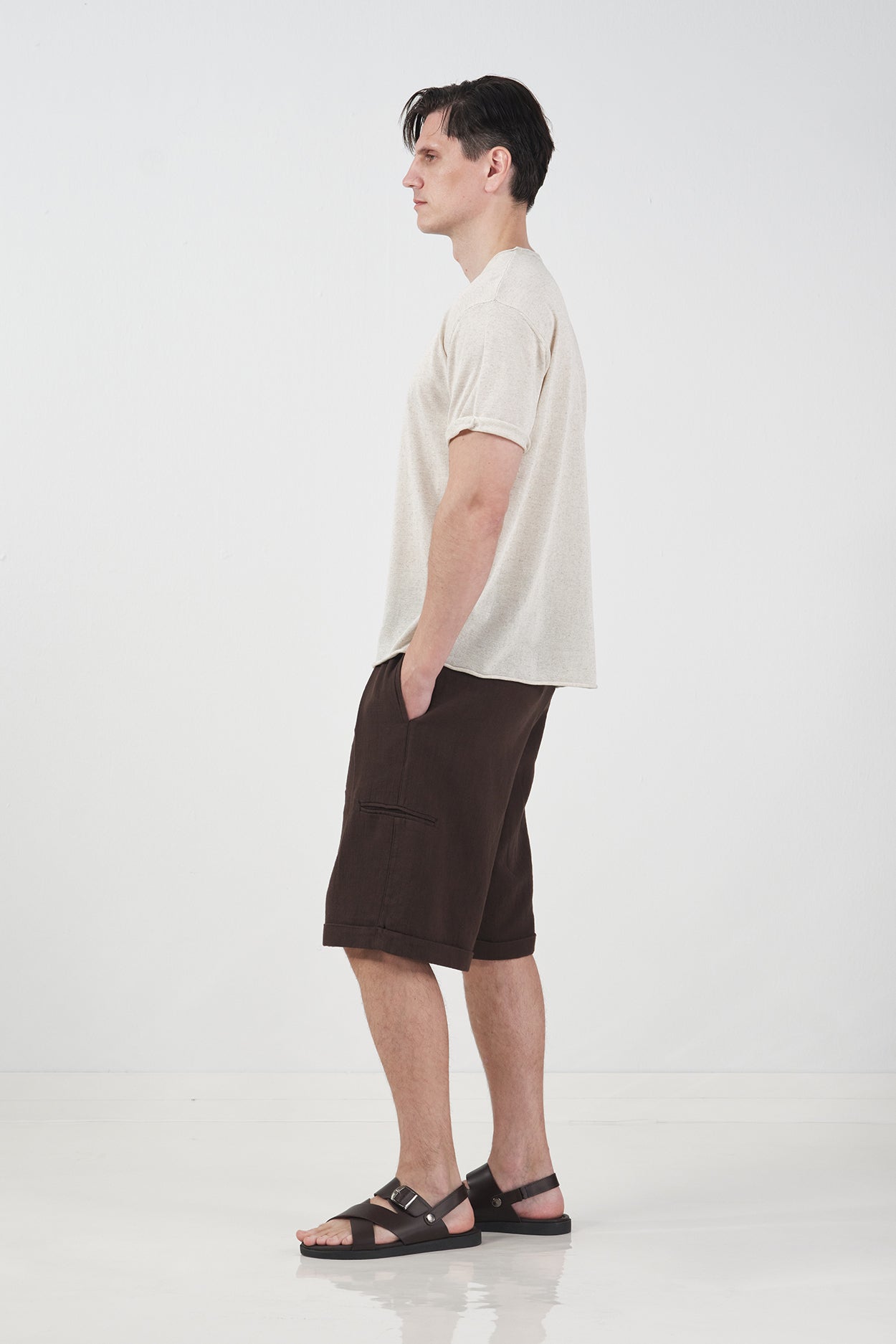 DRAPED ECRU LINEN KNIT T-SHIRT