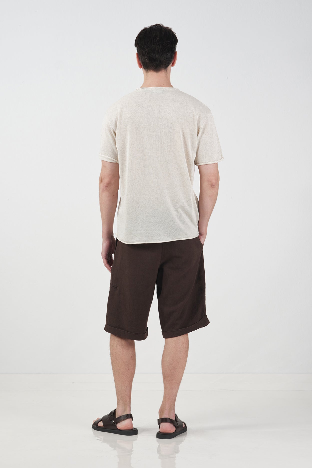 DRAPED ECRU LINEN KNIT T-SHIRT