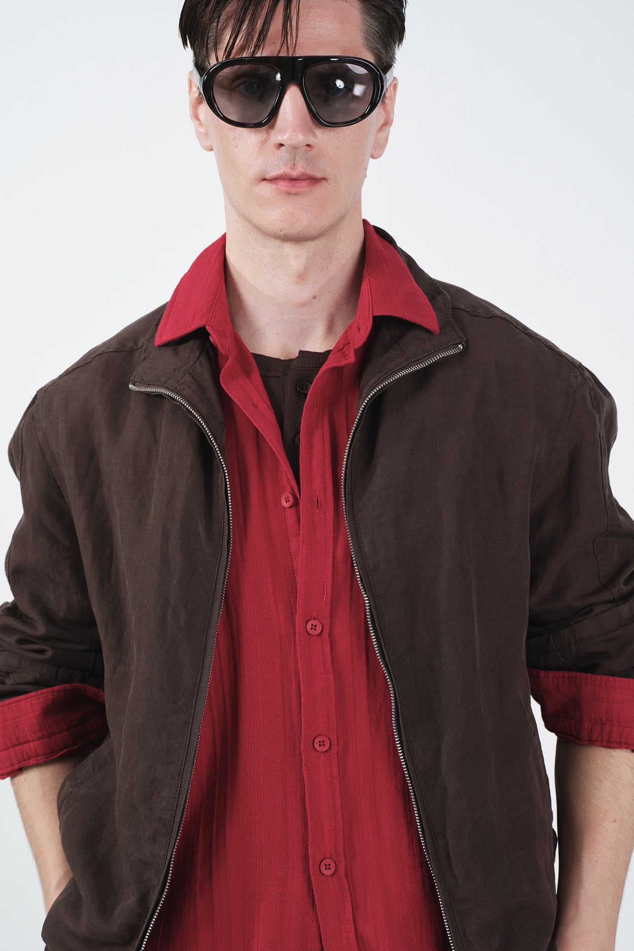 FERMUARLI REGULAR FIT KAHVERENGİ KETEN CEKET