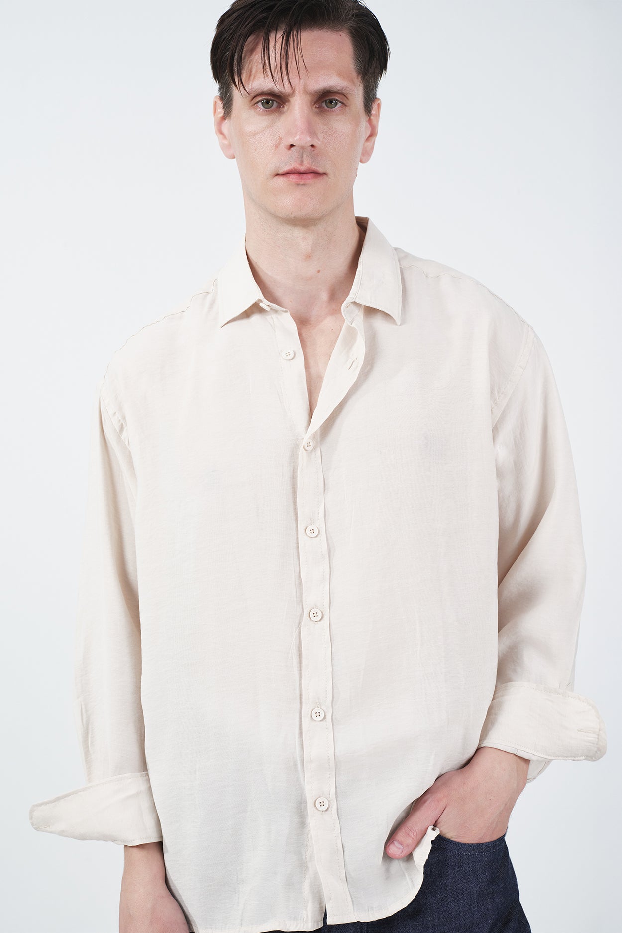 OVERSIZED DRAPED ECRU MODAL SHIRT