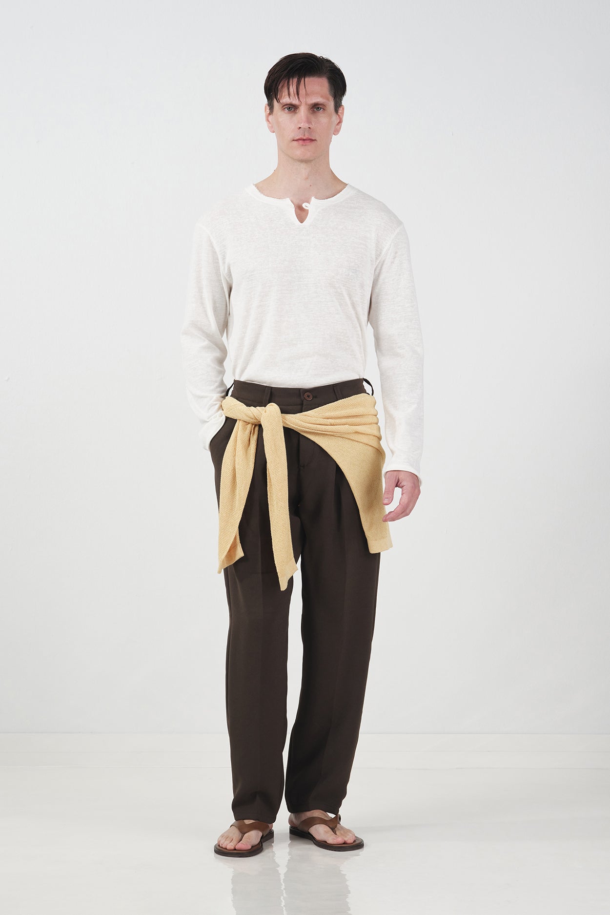 RIBBED LONG SLEEVE BEIGE T-SHIRT
