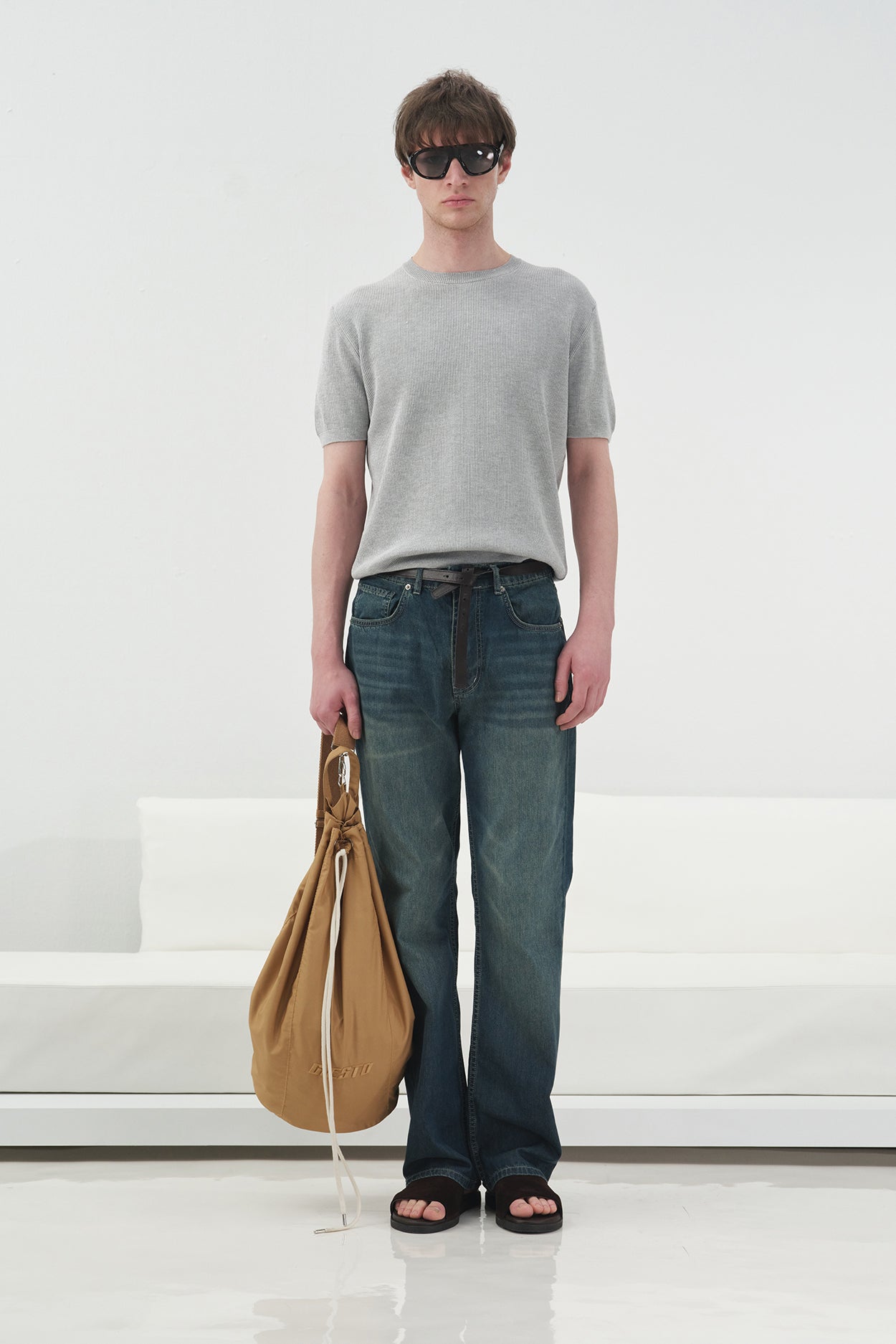 Ribbed Textured Grey Knitted T-Shirt