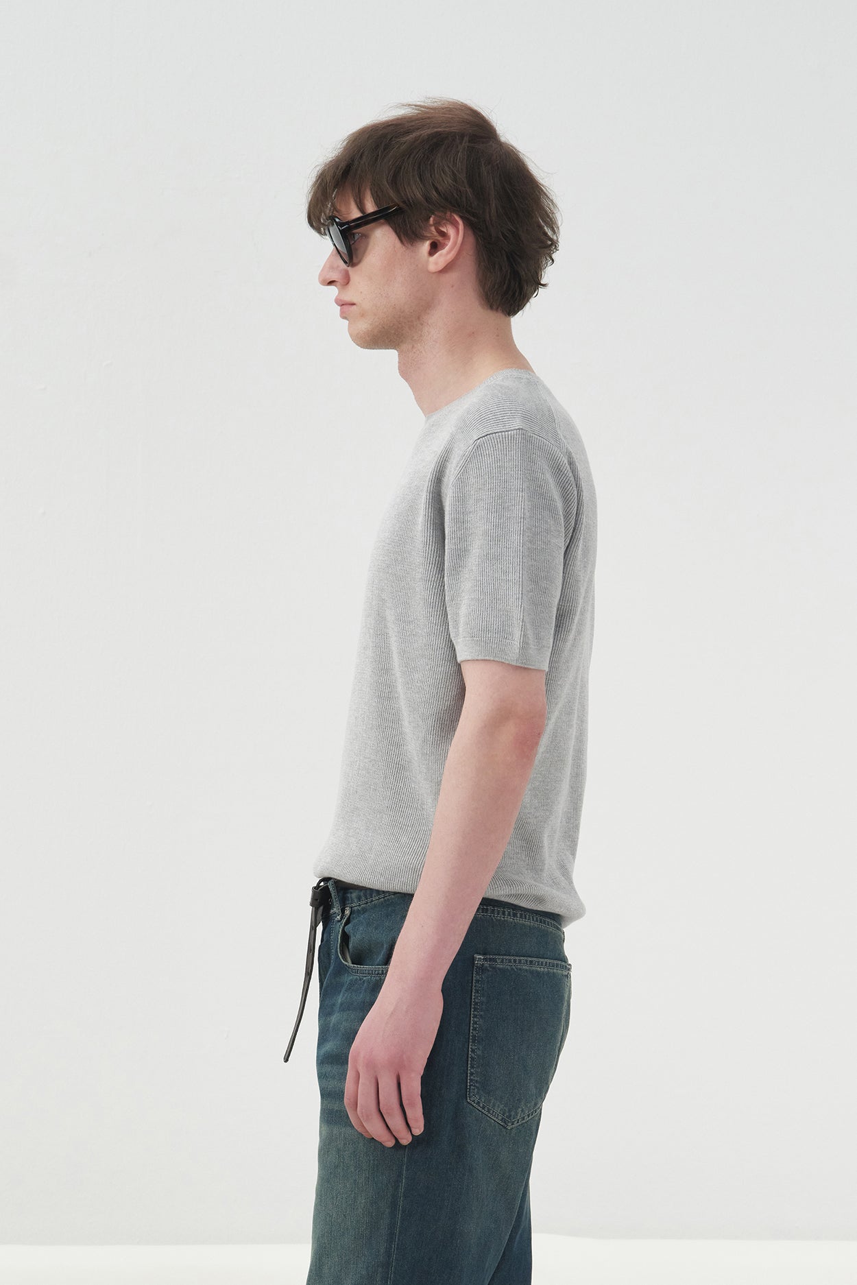 Ribbed Textured Grey Knitted T-Shirt