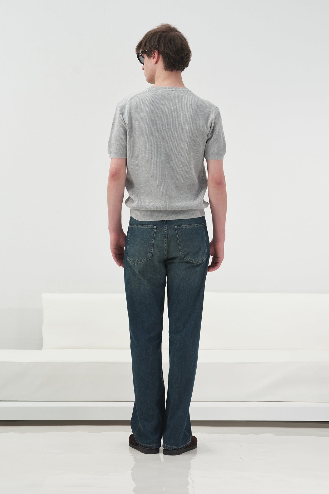 Ribbed Textured Grey Knitted T-Shirt