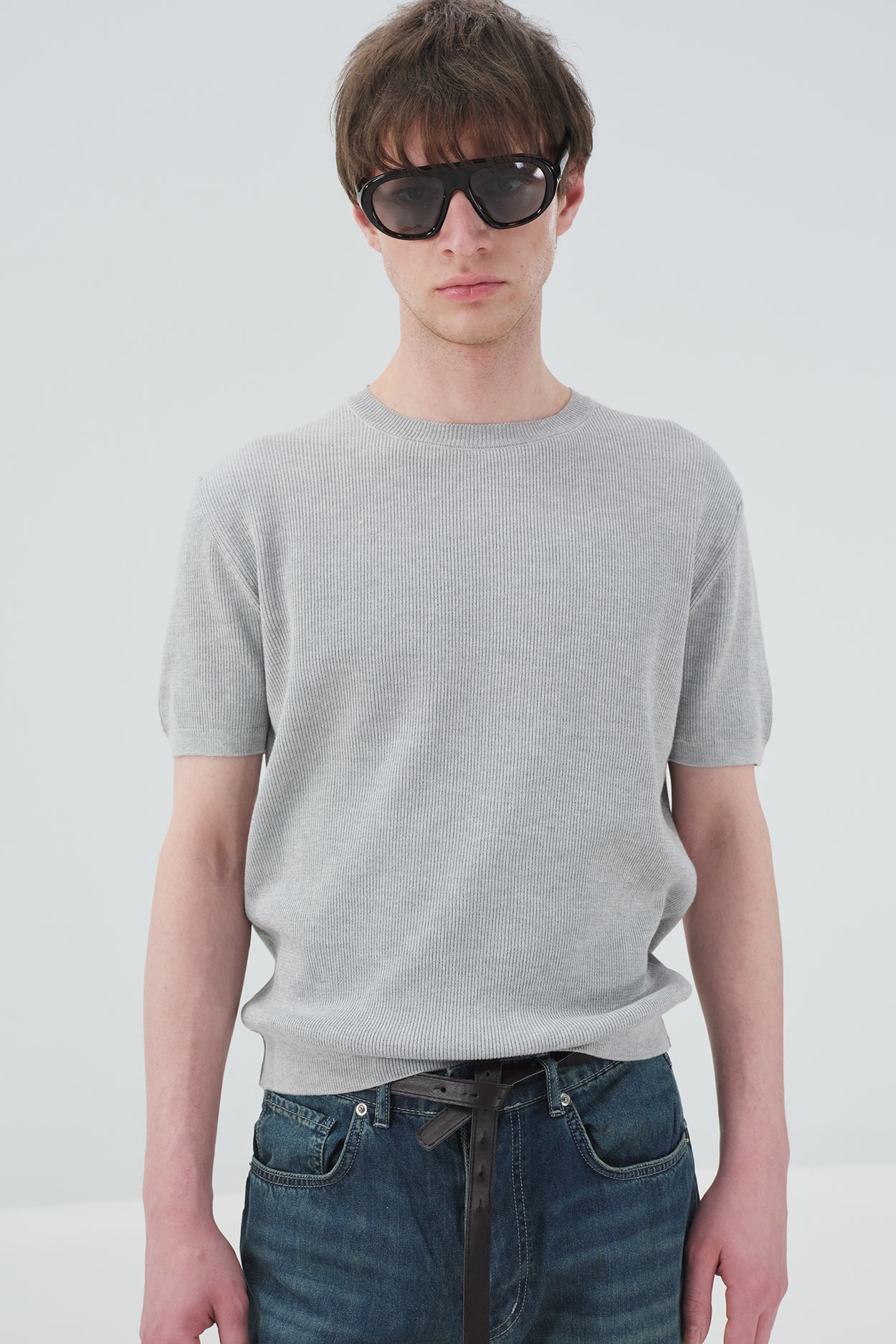 Ribbed Textured Grey Knitted T-Shirt