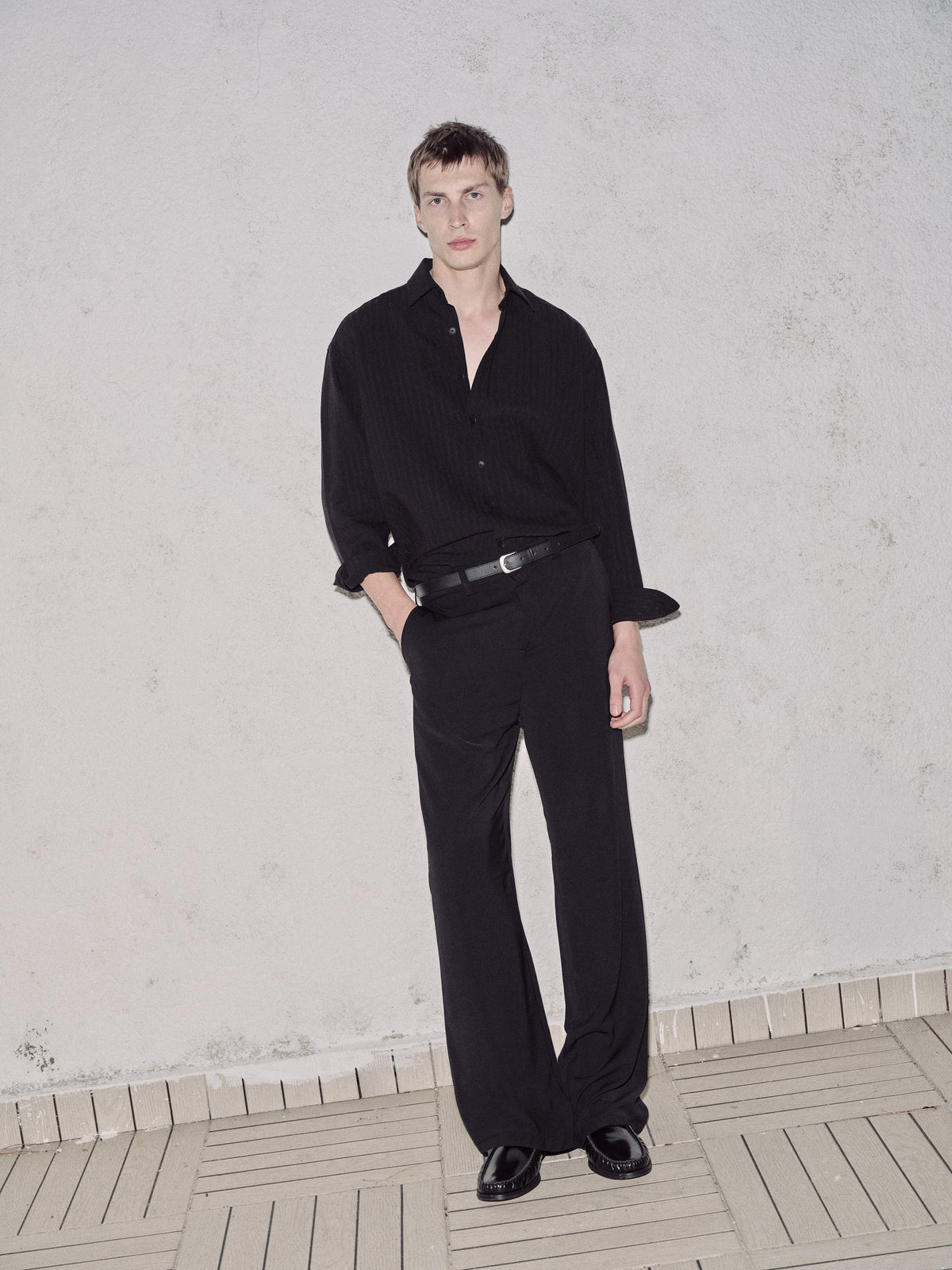 DRAPED FLARE LEG BLACK TROUSERS