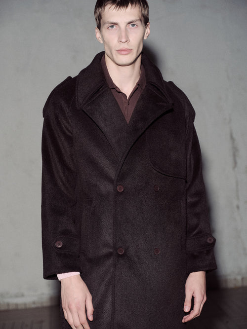 WIDE LAPEL DOUBLE-BREASTED BURGUNDY MELTON COAT - 2