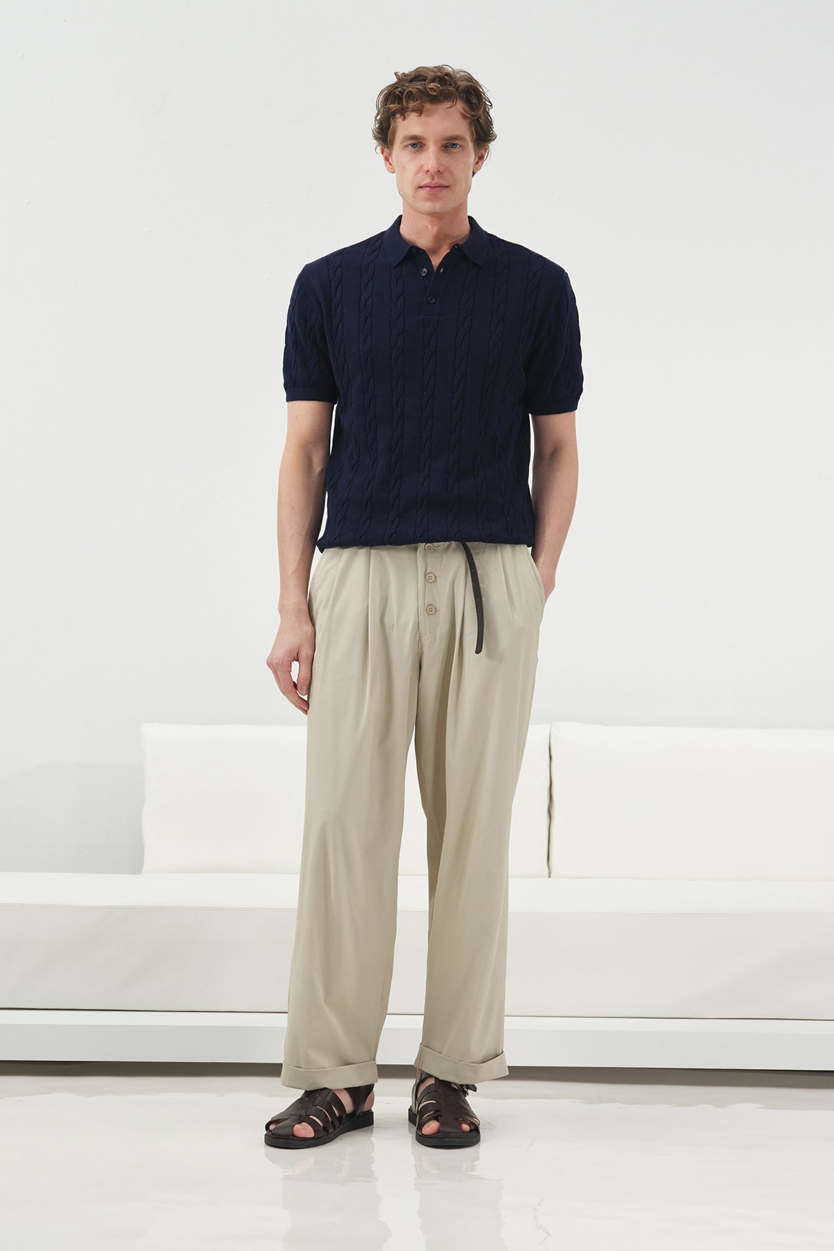 DOKULU ÖRGÜ DESENLİ LACİVERT POLO YAKA TRİKO T-SHIRT