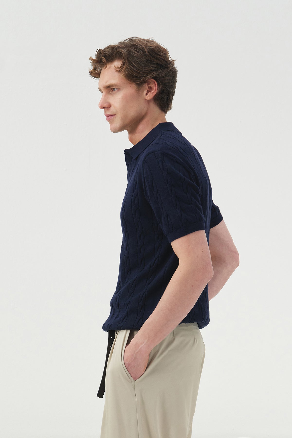 DOKULU ÖRGÜ DESENLİ LACİVERT POLO YAKA TRİKO T-SHIRT