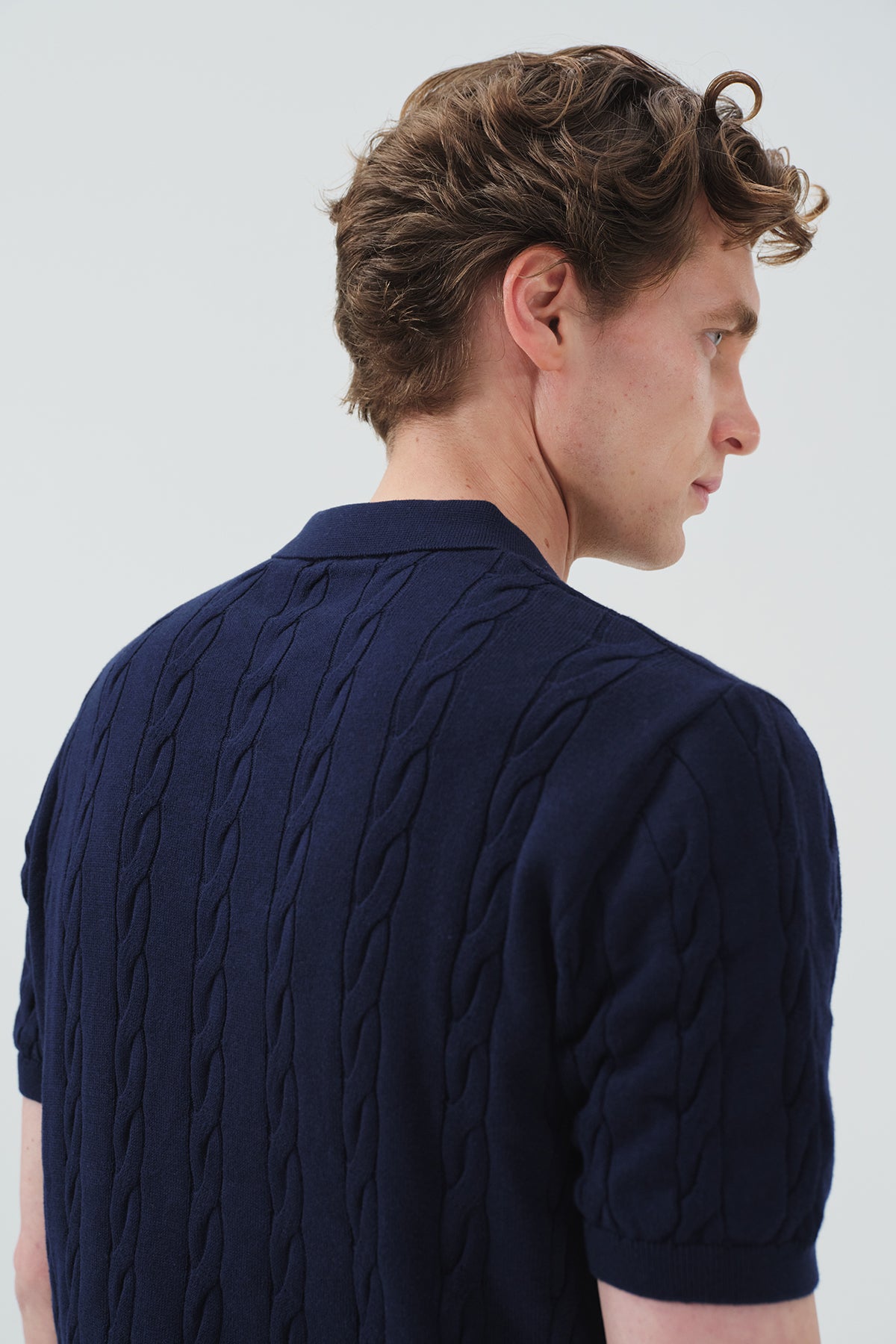 DOKULU ÖRGÜ DESENLİ LACİVERT POLO YAKA TRİKO T-SHIRT