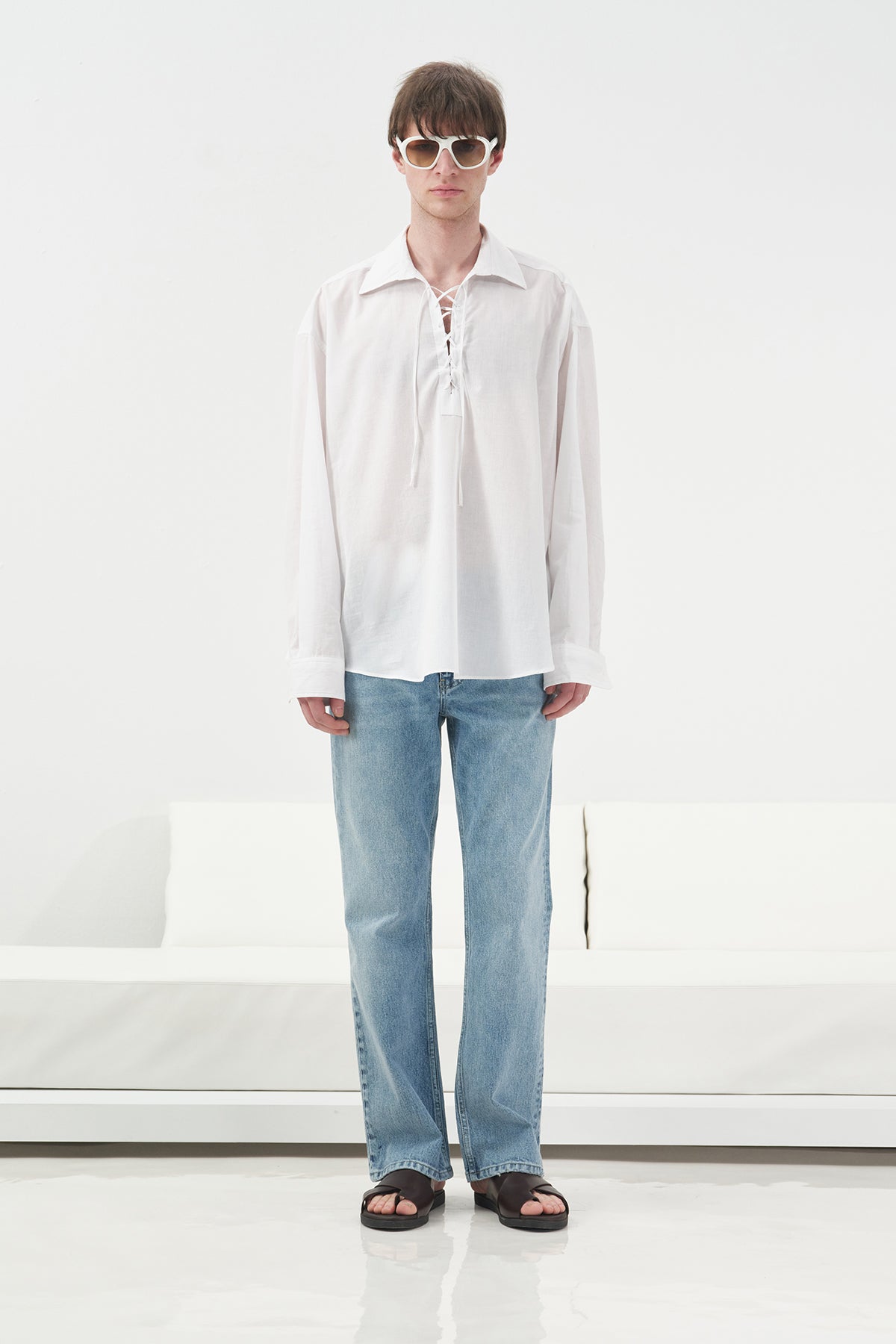 WHITE VOILE SHIRT WITH DRAWSTRING NECK