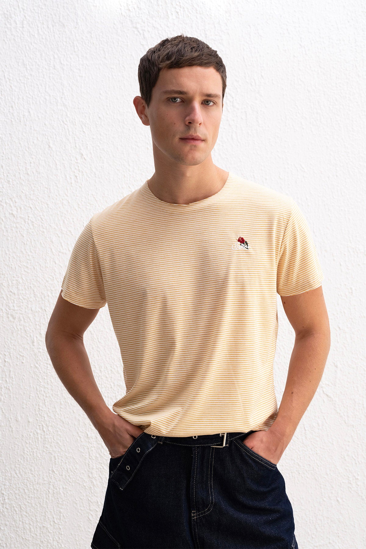 EMBROIDERED STRIPED YELLOW T-SHIRT