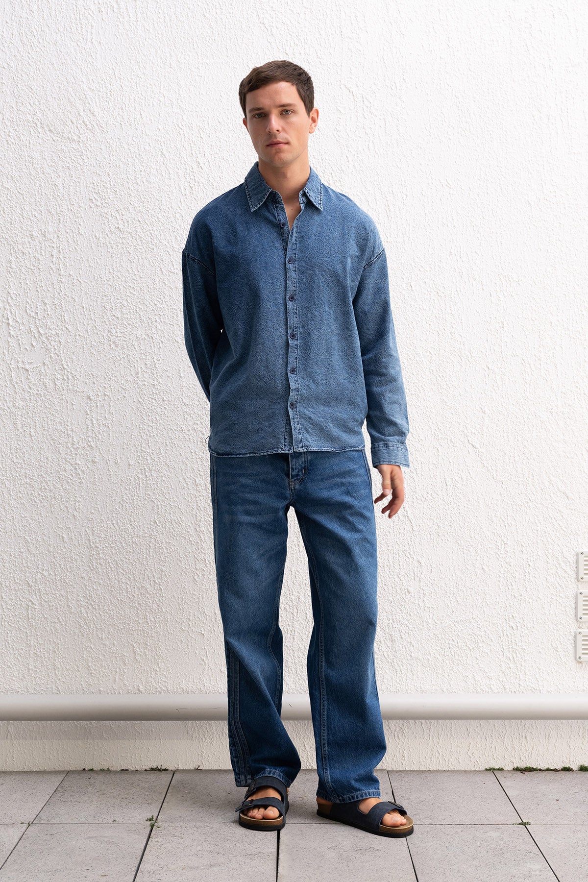 PATTERNED JACQUARD DENIM DARK BLUE SHIRT