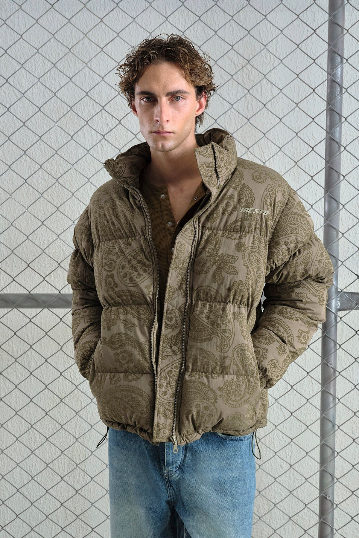 FLOCKED PATTERN INFLATABLE KHAKI JACKET