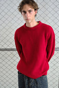 LOOSE FIT TEXTURED RIBBED RED KNITTED SWEATER