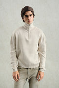 ZIP-UP REGULAR FIT HIGH NECK BEIGE SWEATER